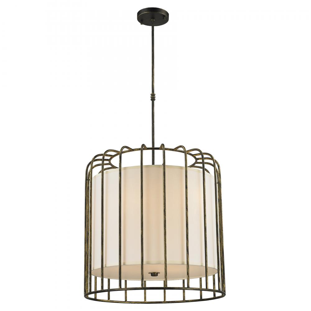 Sprocket 9-Light Metal Cage Pendant Light in Antique Bronze Finish with Ivory Shade 24 in. D x 24 in