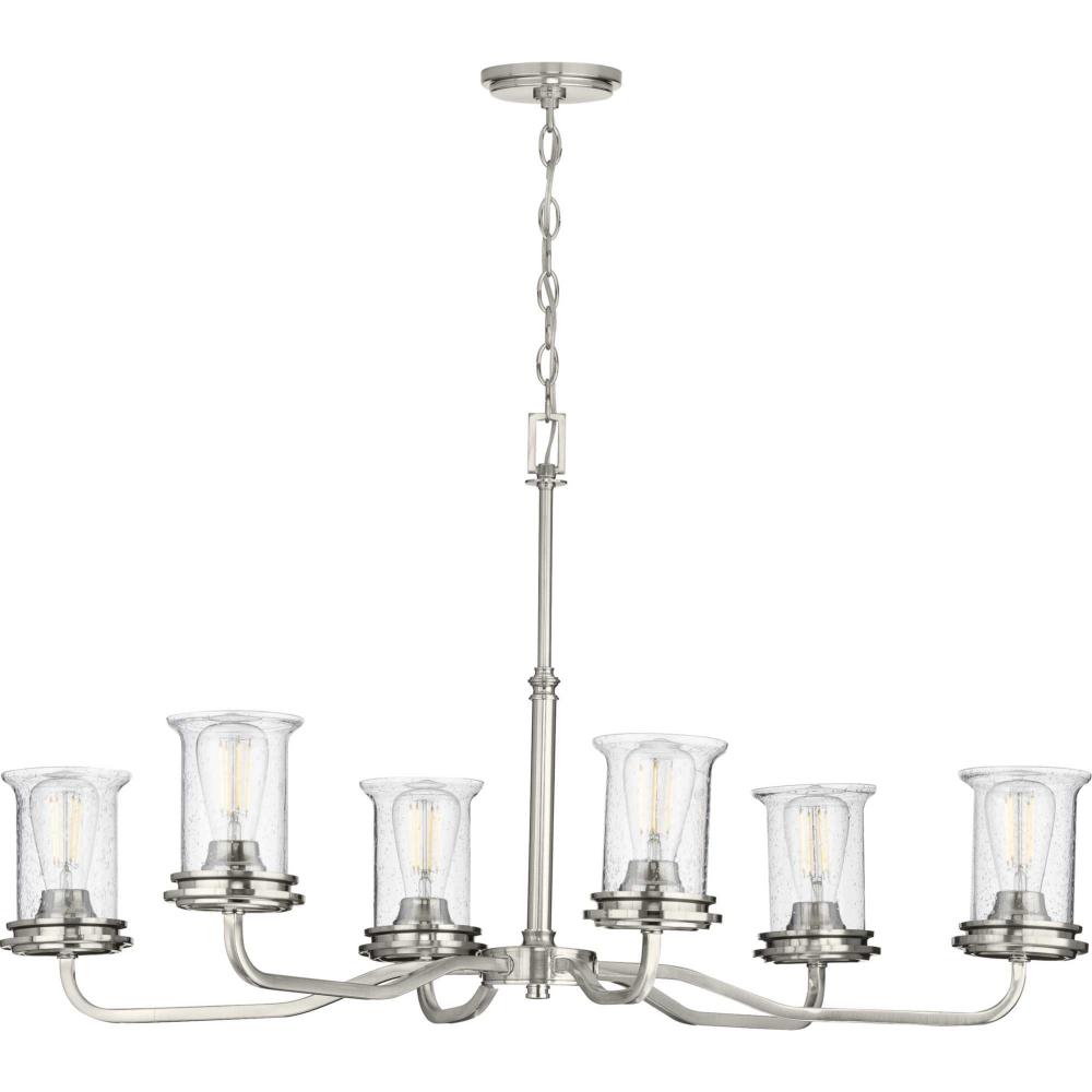 Winslett Collection Six-Light Brushed Nickel Clear Seeded Glass Coastal Chandelier Light