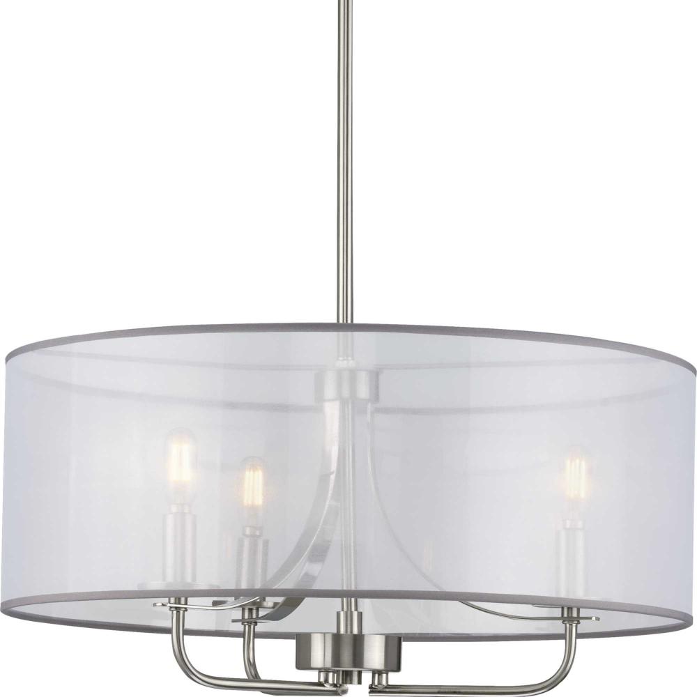 Riley Collection Three-Light Brushed Nickel Organza Shade New Traditional Pendant Light