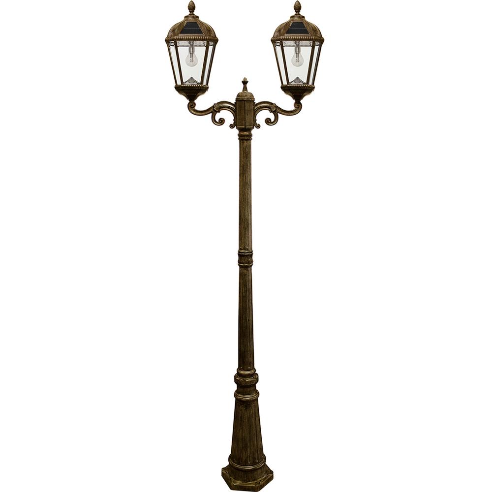 Royal Bulb Double Head Lamp Post with GS Solar LED Light Bulb- Weathered Bronze Finish